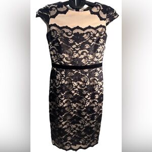 Antonio Melani Nude & Black Lace Sheath Dress With Velvet Waistband Size 0